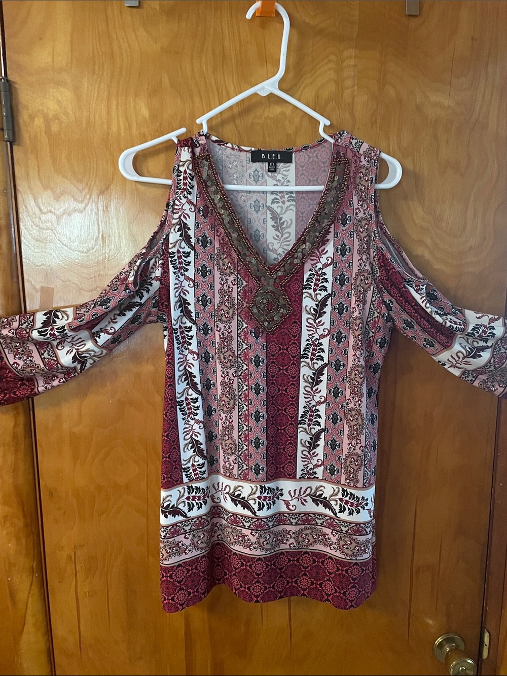 B.L.E.U. Pink & White Boho Cold-Shoulder Tunic